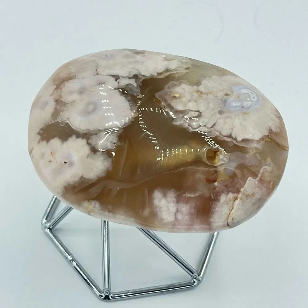 Flower agate druzy palm stone pink 2.77” crystal healing meditation